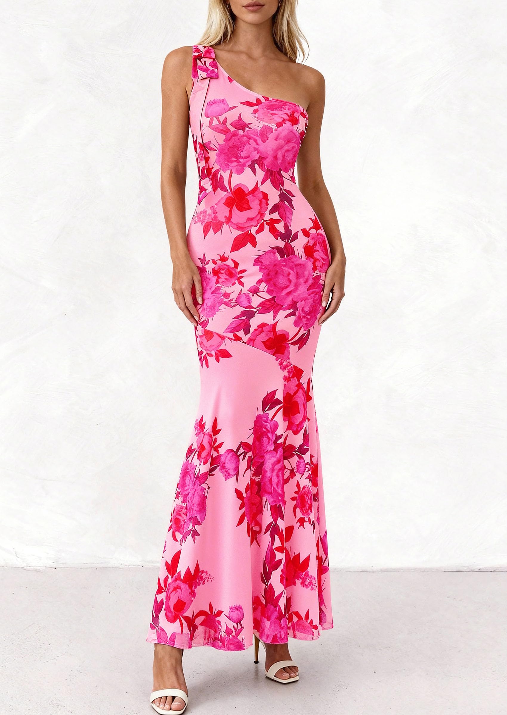 PRETTYGARDEN Womens Summer One Shoulder Maxi Dress Floral Sleeveless Bodycon Mesh Long Formal Wedding Guest Dresses PRETTYGARDEN