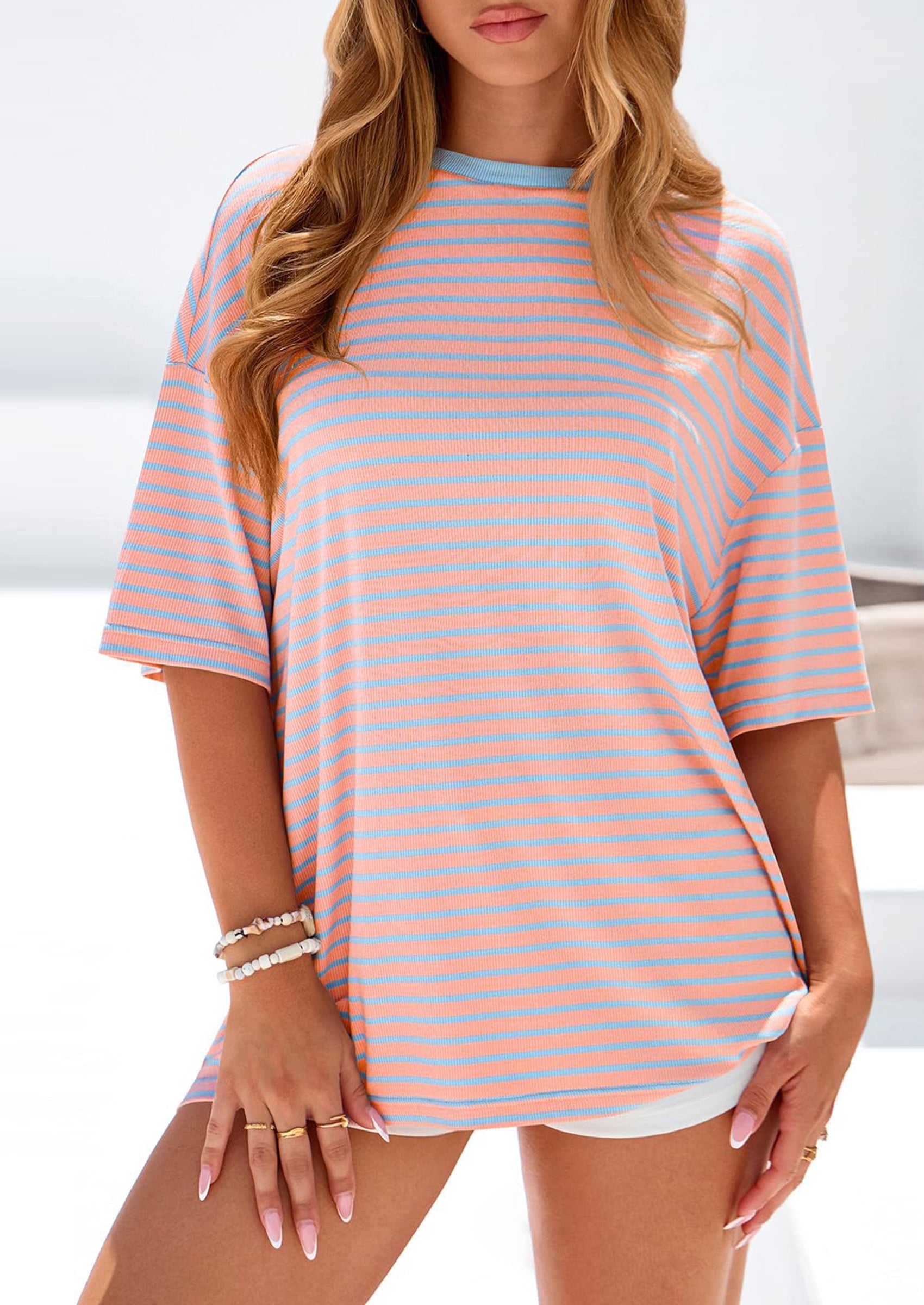 PRETTYGARDEN Womens Oversied Cute Tops Casual Striped Short Sleeve Shirt Women Trendy Spring Fashion Basic Tees Blouse PRETTYGARDEN