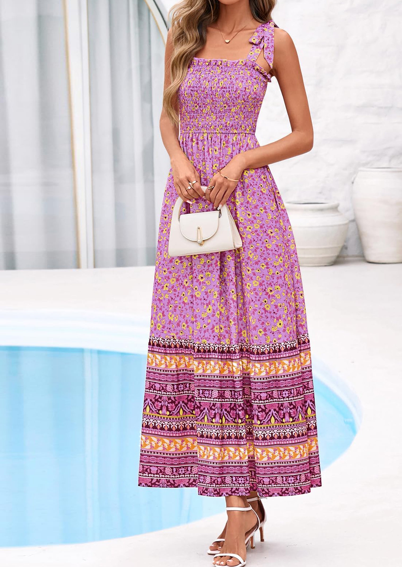 PRETTYGARDEN Women's Summer Maxi Dress Tie Straps Floral Beach Vacation Long Dresses Smocked Boho Sundress with Pockets PRETTYGARDEN