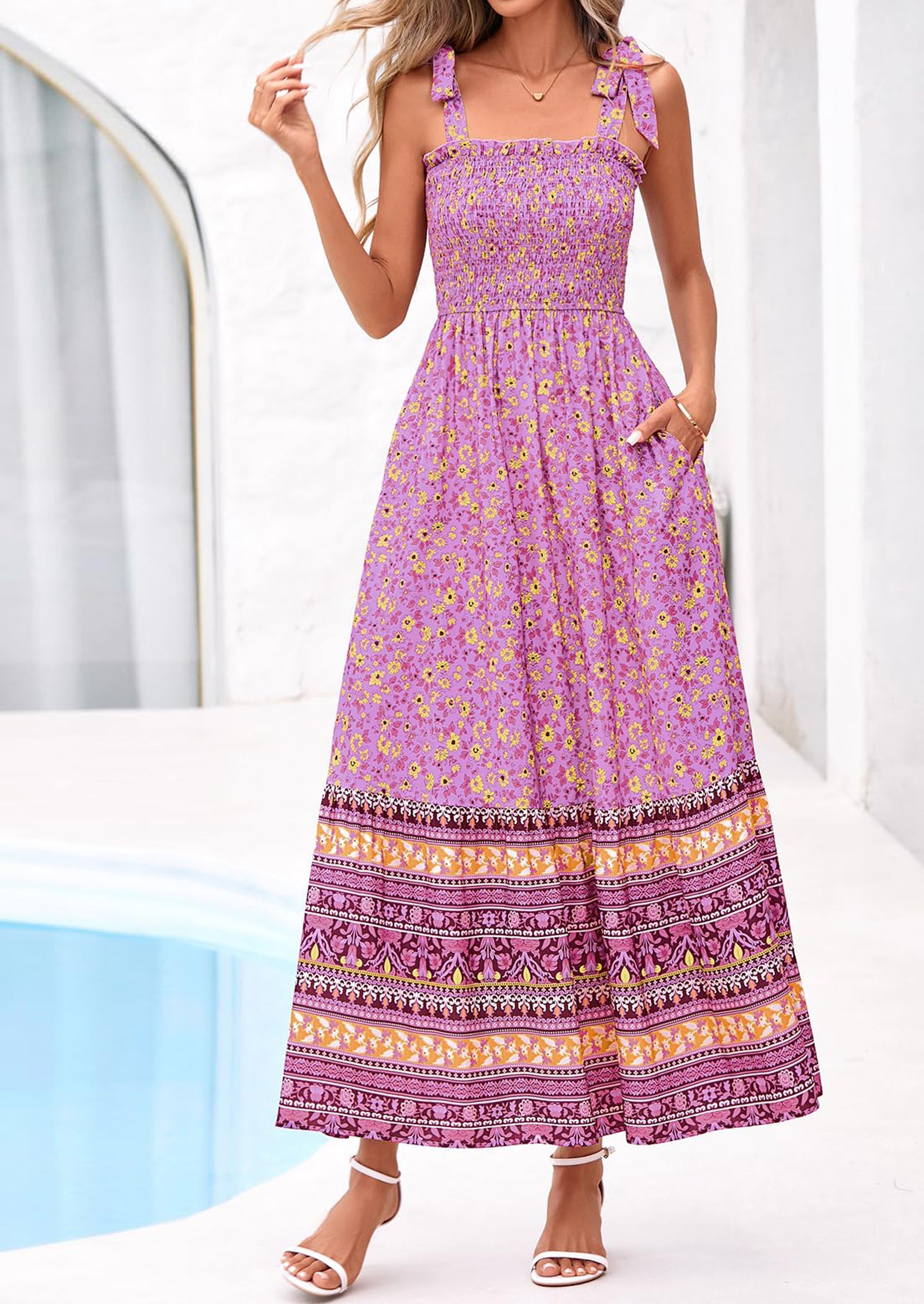 PRETTYGARDEN Women's Summer Maxi Dress Tie Straps Floral Beach Vacation Long Dresses Smocked Boho Sundress with Pockets PRETTYGARDEN