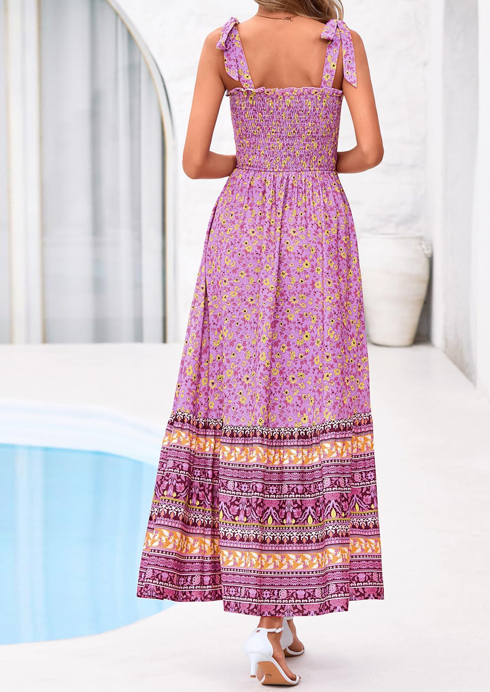 PRETTYGARDEN Women's Summer Maxi Dress Tie Straps Floral Beach Vacation Long Dresses Smocked Boho Sundress with Pockets PRETTYGARDEN