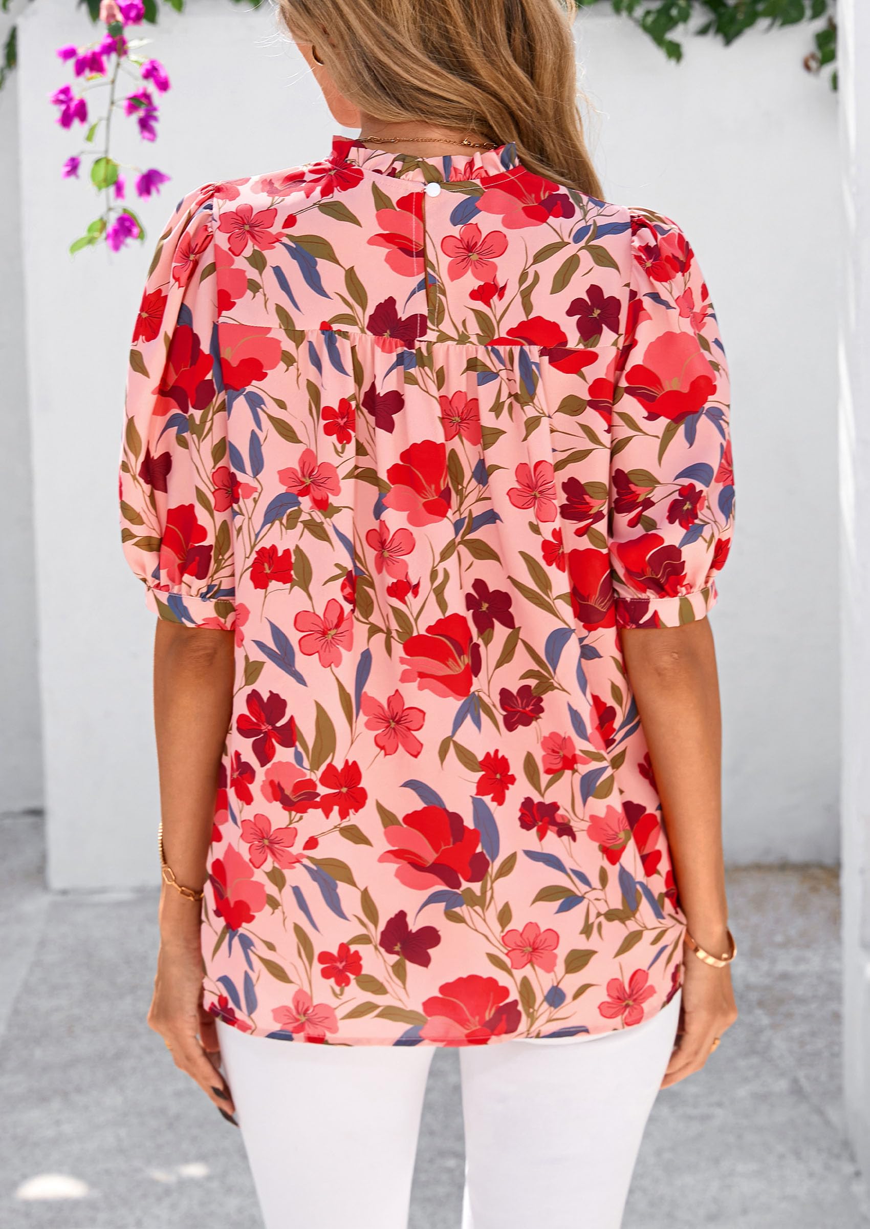 PRETTYGARDEN Floral Tops for Women Blouses Dressy Casual Summer Trendy Outfits Boho Pleated Short Sleeve Shirts