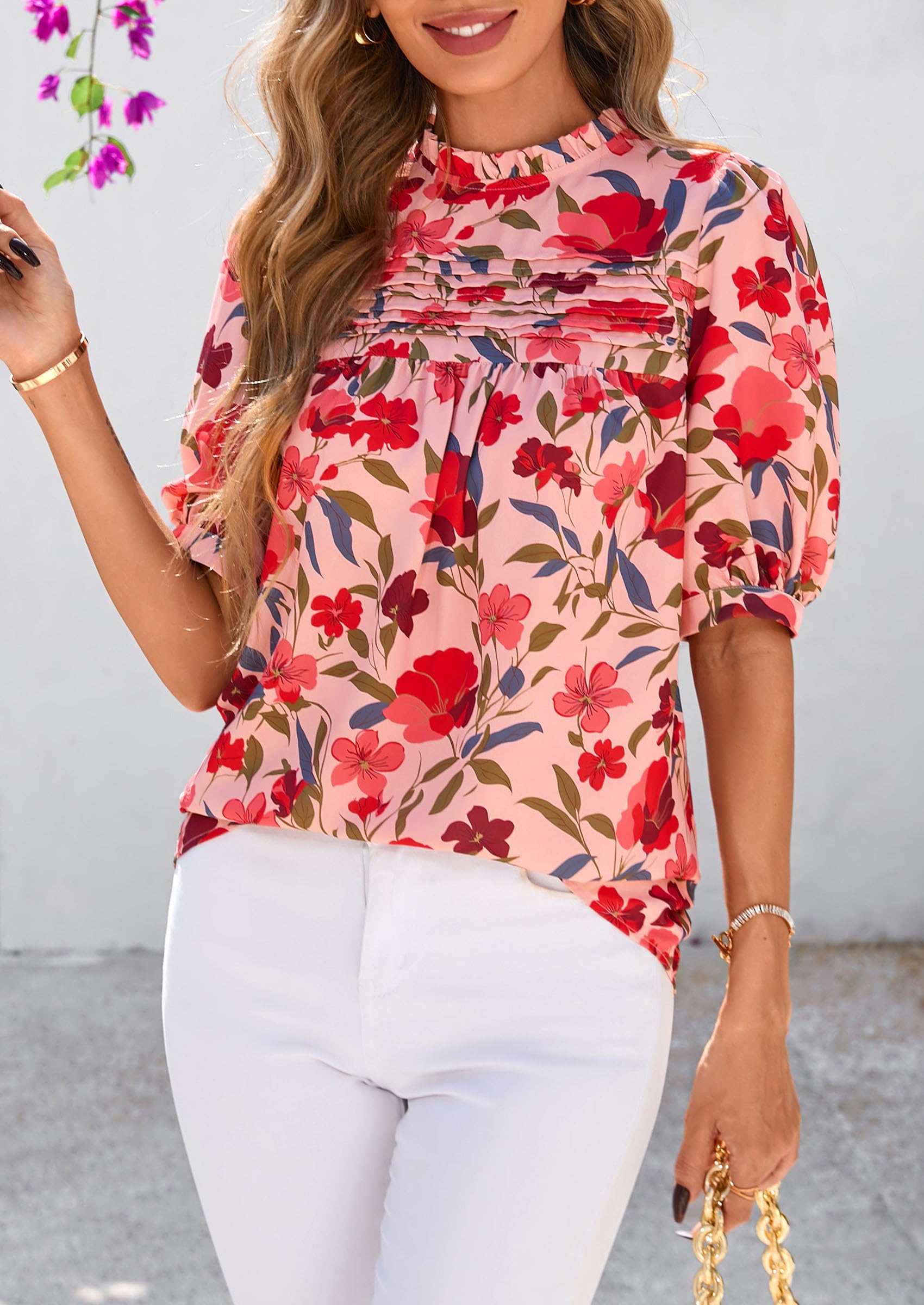 PRETTYGARDEN Floral Tops for Women Blouses Dressy Casual Summer Trendy Outfits Boho Pleated Short Sleeve Shirts