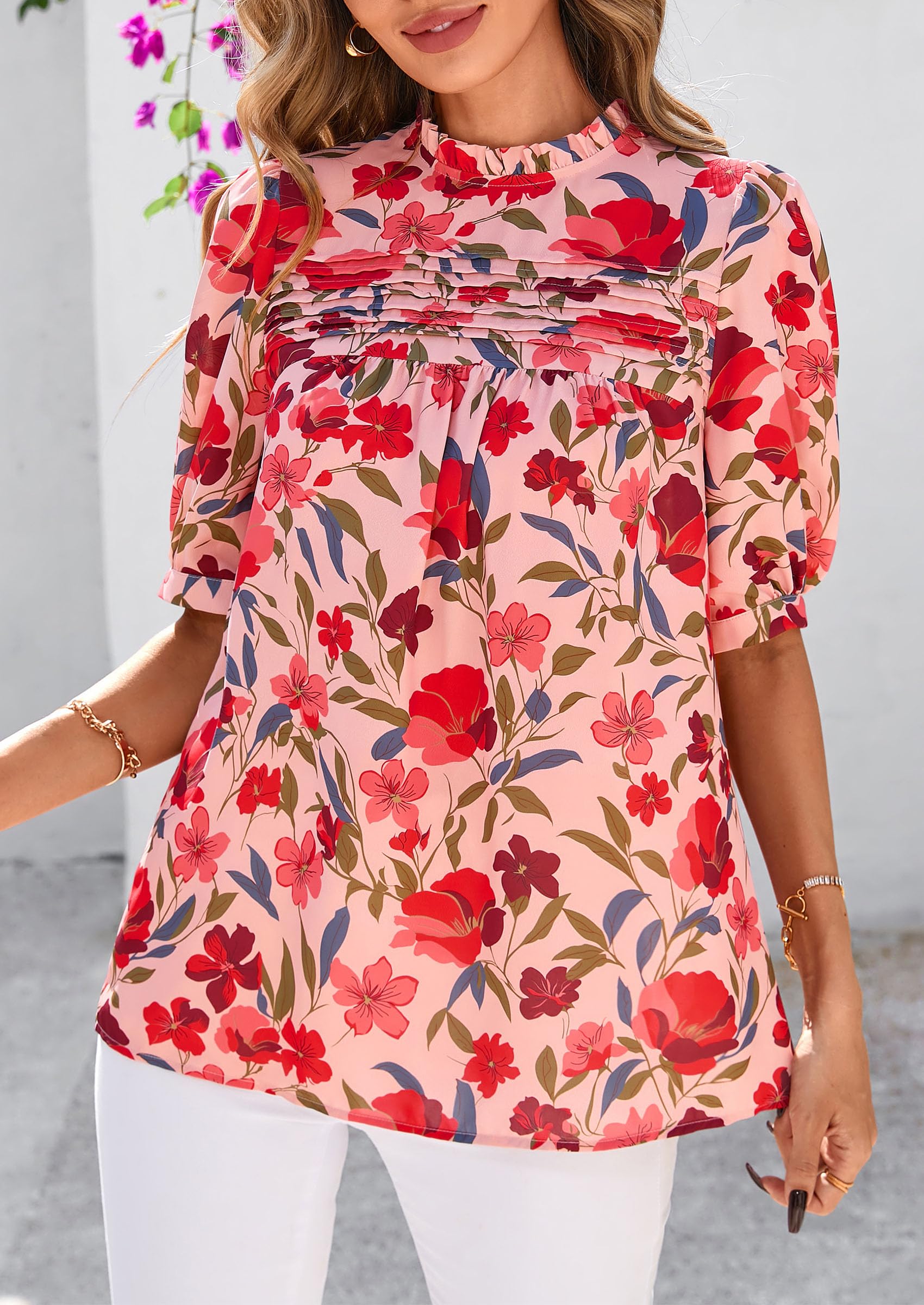 PRETTYGARDEN Floral Tops for Women Blouses Dressy Casual Summer Trendy Outfits Boho Pleated Short Sleeve Shirts