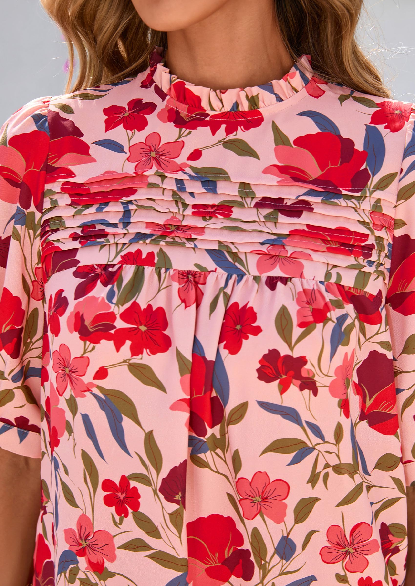 PRETTYGARDEN Floral Tops for Women Blouses Dressy Casual Summer Trendy Outfits Boho Pleated Short Sleeve Shirts