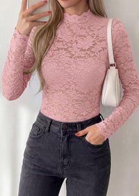 PRETTYGARDEN Womens Lace Long Sleeve Top Mesh Sheer Blouses Mock Neck See Through Slim Fitted Tops Fall Fashion Clothes