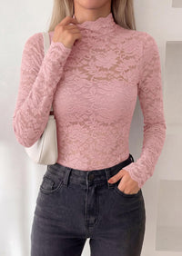 PRETTYGARDEN Womens Lace Long Sleeve Top Mesh Sheer Blouses Mock Neck See Through Slim Fitted Tops Fall Fashion Clothes