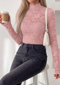 PRETTYGARDEN Womens Lace Long Sleeve Top Mesh Sheer Blouses Mock Neck See Through Slim Fitted Tops Fall Fashion Clothes
