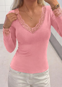 PRETTYGARDEN Womens Long Sleeve Shirts Cute Lace V Neck Tops Trendy Going Out Crop Top Sexy Stretchy Fitted Blouses Fall Clothes Dressy Work Office Outfit Casual Layering Tops