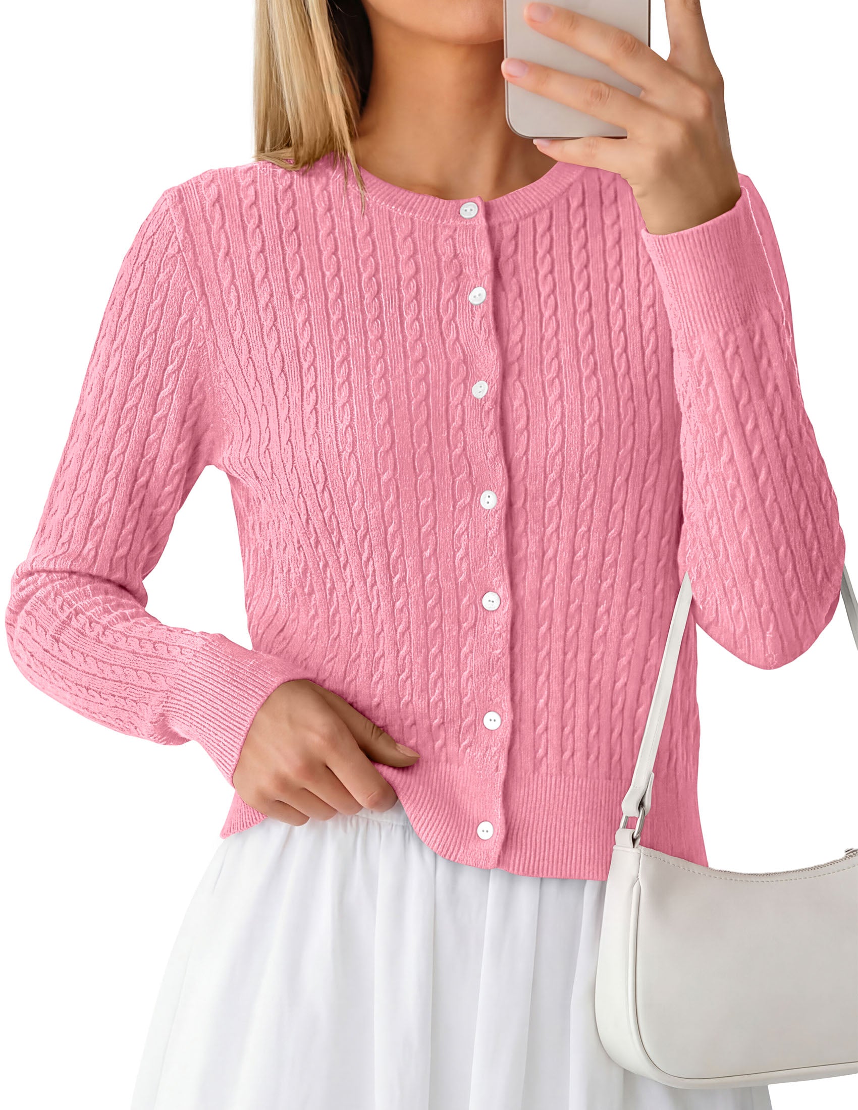 PRETTYGARDEN Women Lightweight Button Up Cardigan Sweaters | Soft Stretchy, Cozy Cable Knit, Long Sleeve Crew Neck, Trendy Cardigans, Cute Casual Outfits, Early Fall Fashion Clothing
