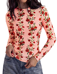 PRETTYGARDEN Womens Long Sleeve Shirts Floral Y2K Tops | Soft Lightweight Ribbed Knit Top,Fitted Waist,Crew Neck Slim Fit,Going Out Vacation Outfits,Layering Fall Winter Clothes