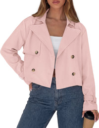 PRETTYGARDEN Cropped Trench Coat For Women Short Jacket  Soft Lightweight Coats, Lapel Double Breasted, Long Sleeve Loose Fit, Casual Work Office Jackets, Fall Winter Outwear