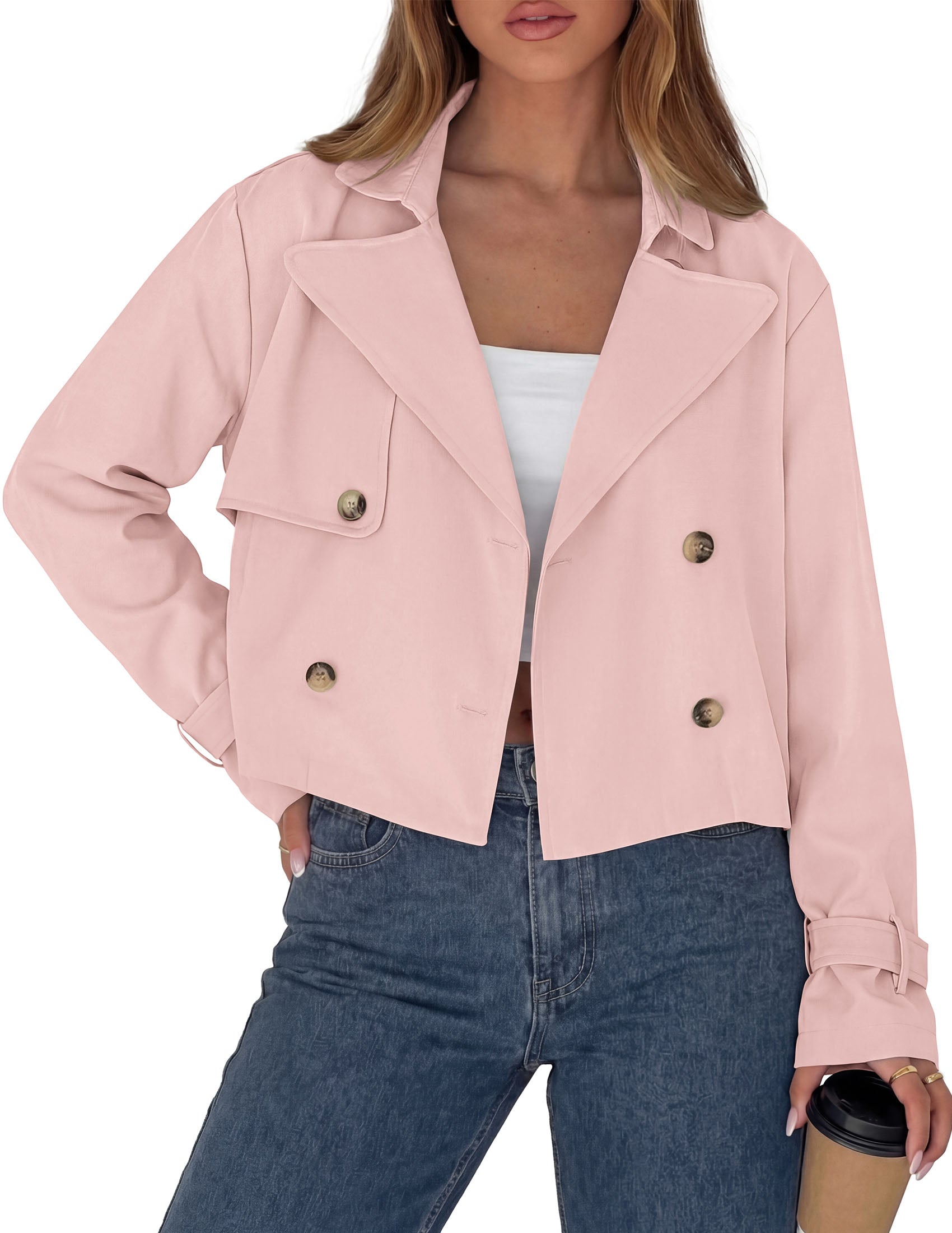 PRETTYGARDEN Cropped Trench Coat For Women Short Jacket  Soft Lightweight Coats, Lapel Double Breasted, Long Sleeve Loose Fit, Casual Work Office Jackets, Fall Winter Outwear