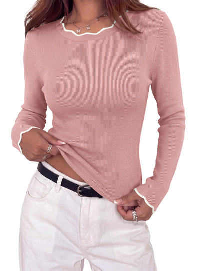 PRETTYGARDEN Women's Long Sleeve Ribbed Knit Pullover Sweaters | Contrast Trim, Going Out Tops, Soft Stretch Fabric, Slim Fitted, Scallop Edge, Casual Fall Outfits, Layering Winter Clothing