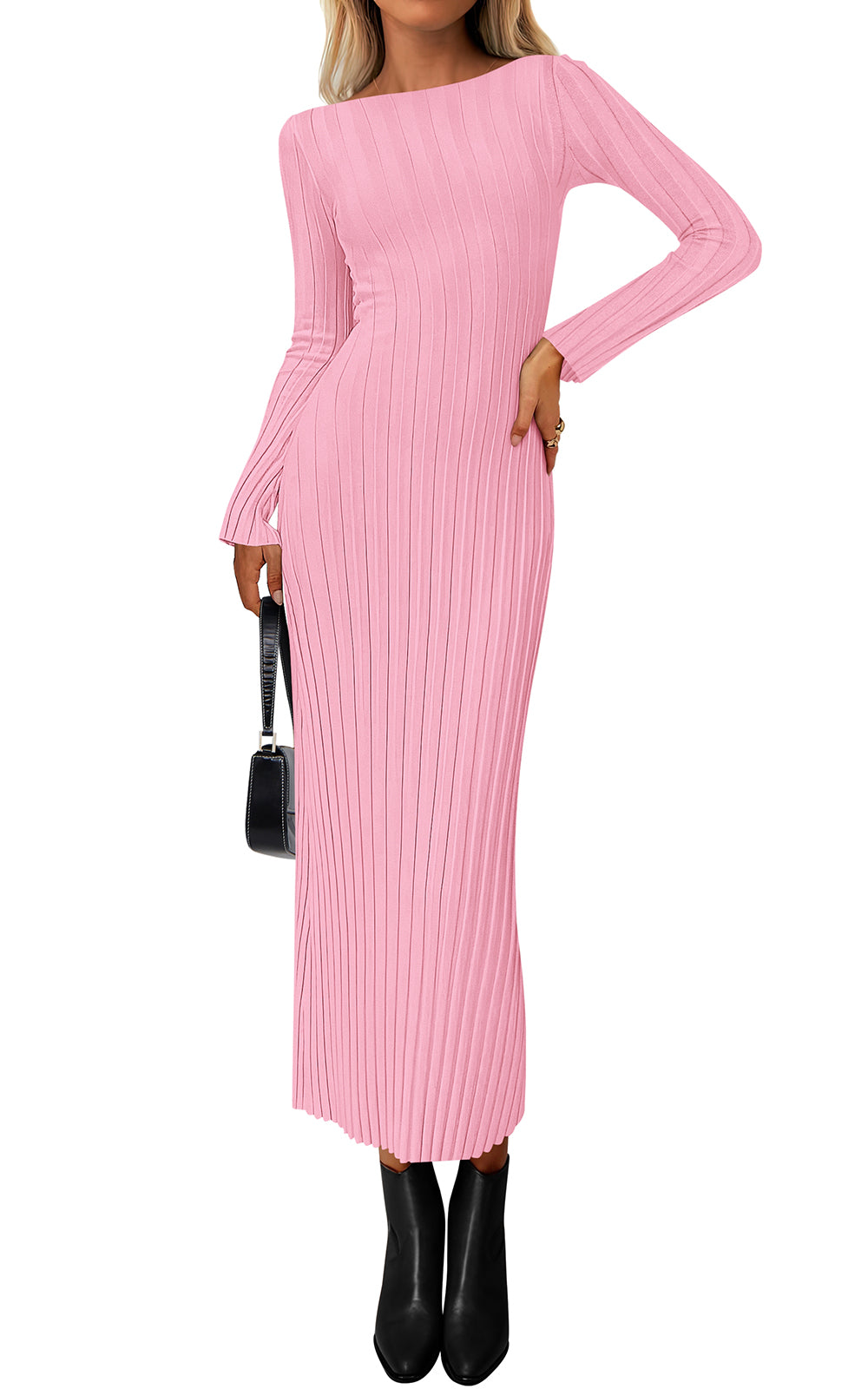PRETTYGARDEN Womens Sweater Dress Fall 2026 Casual Boat Neck Long Sleeve Pullover Ribbed Knit Bodycon Maxi Sweater Dresses