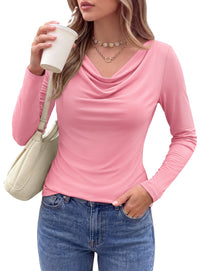 PRETTYGARDEN Cowl Neck Tops for Women Fashion Long Sleeve Shirt  Comfy Ruched Shirts, Soft Lightweight Knit, Chic Cowl Neck Top, Casual Going Out Outfits, Fall Winter Trendy Clothes