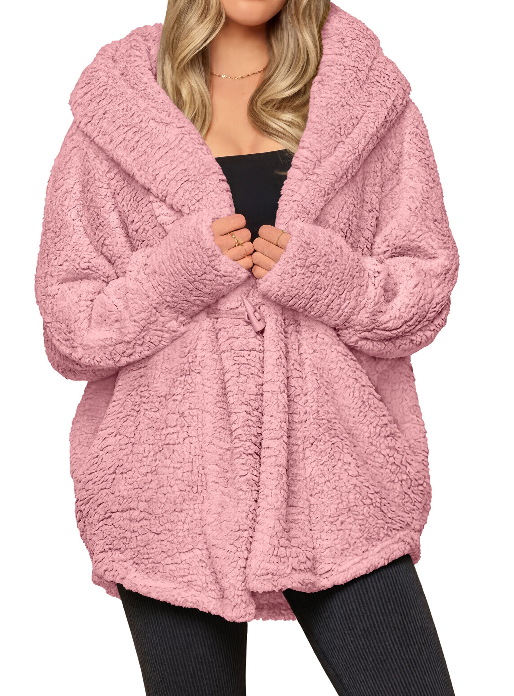PRETTYGARDEN Women's Winter Warm Coats Hooded Faux Fur Sherpa Jacket  Fuzzy Fleece, Thumb Holes, Long Sleeve Pockets, Teddy Bear Jackets, Trendy Casual Fall Clothes, Holiday Going Out Outfits