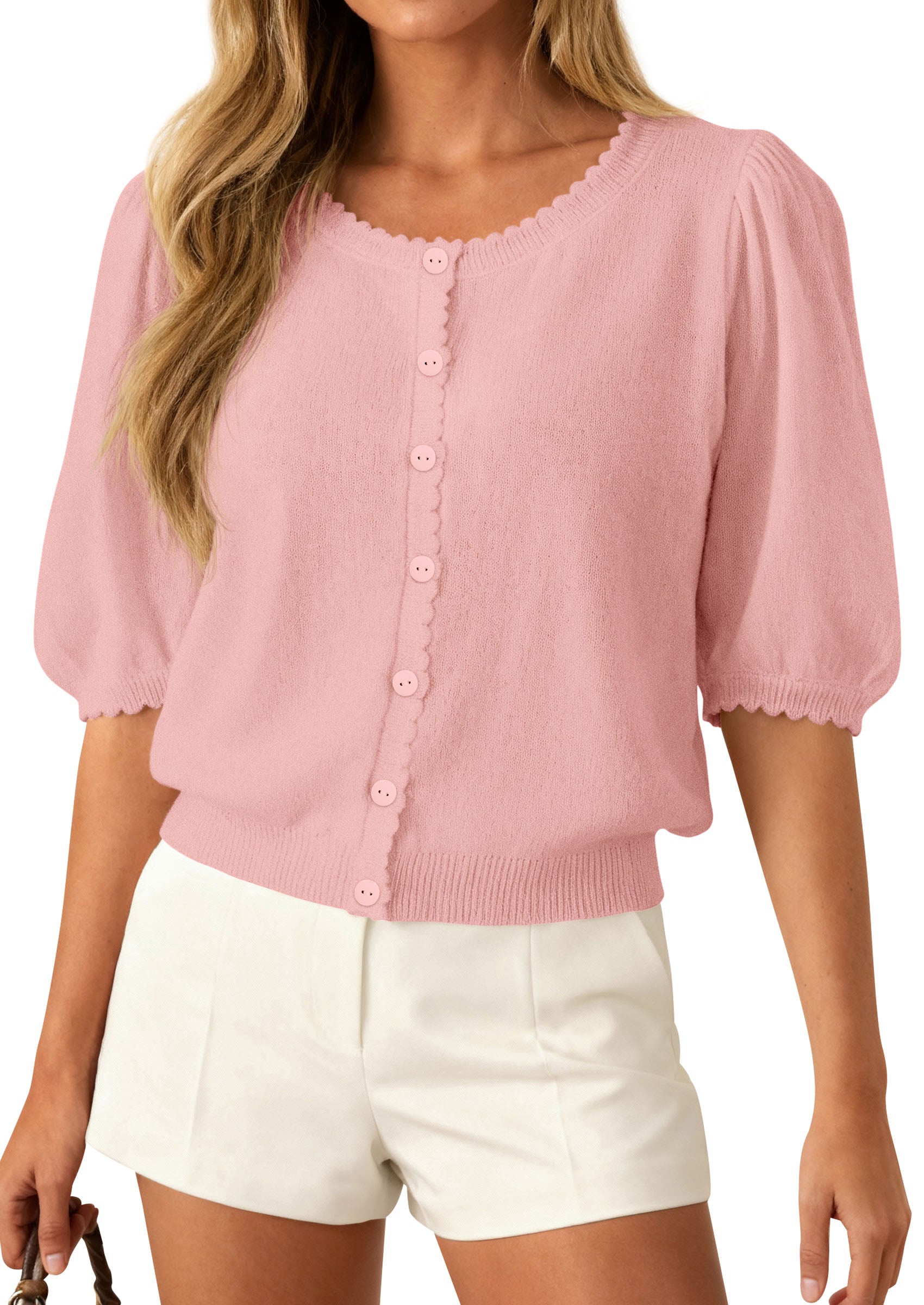 PRETTYGARDEN Puff Short Sleeve Cardigans for Women Lightweight 2026 Summer Shirts Button Up Knit Sweater Tops Spring Clothes PRETTYGARDEN