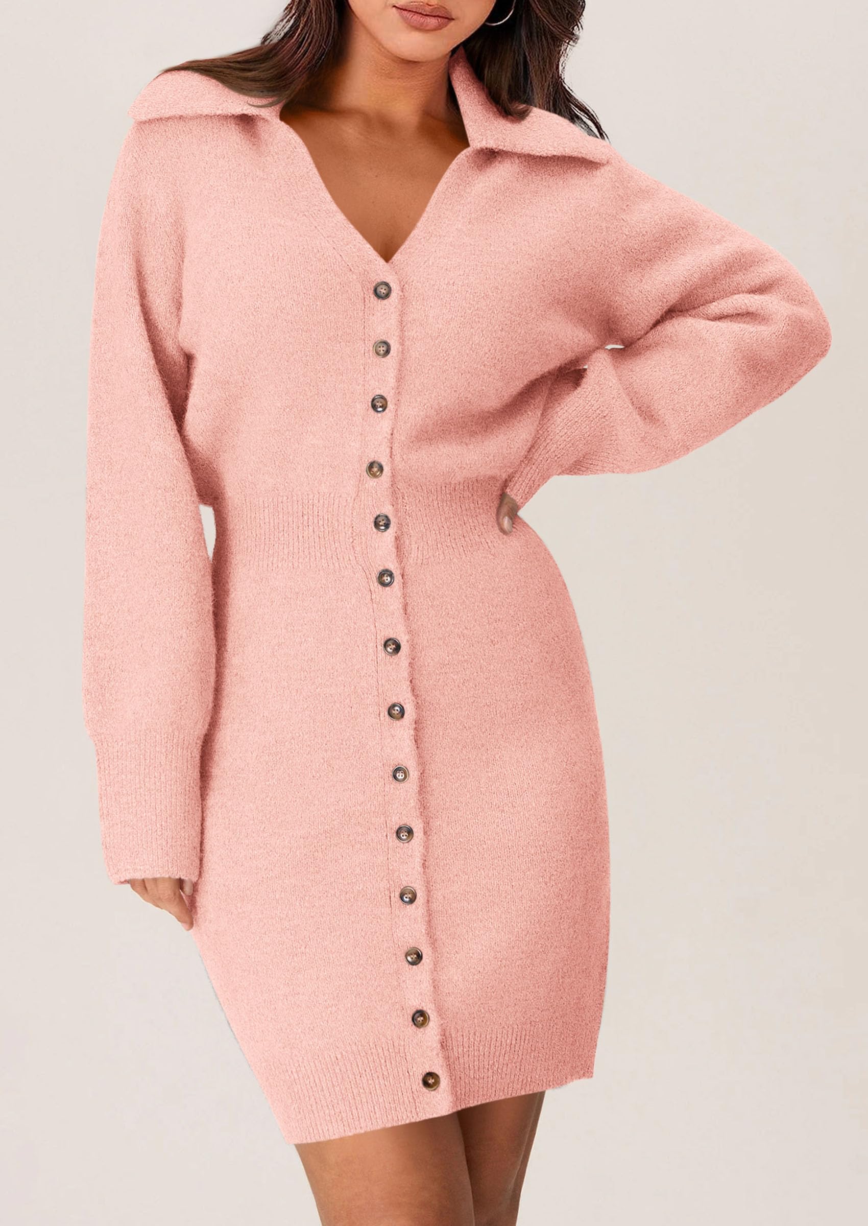 PRETTYGARDEN Sweater Dresses for Women Trendy Long Sleeve Button Down Short Spring Dress