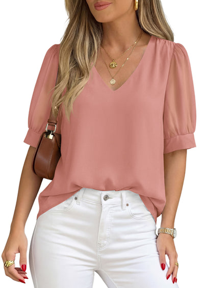 PRETTYGARDEN Womens Tops Dressy Casual Puff Sleeve Chiffon Blouses V Neck Business Work Shirts 2026 Summer Fashion Clothing