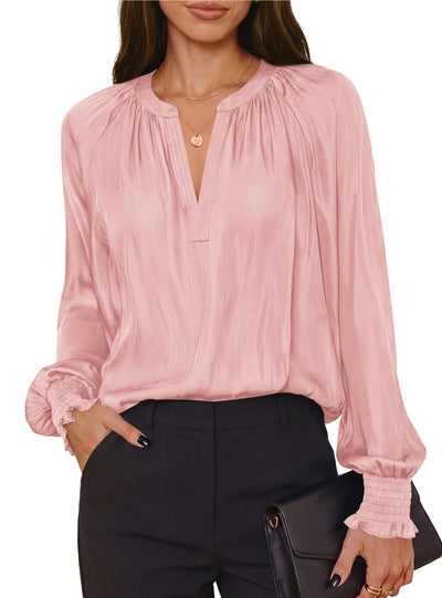 PRETTYGARDEN Women's Satin Blouses V Neck Long Sleeve Tops | Dressy Silk Shirts, Smocked Cuff, Balloon Sleeves, Smooth & Soft, Work Office Wear, Business Casual Outfits, Fall Clothes