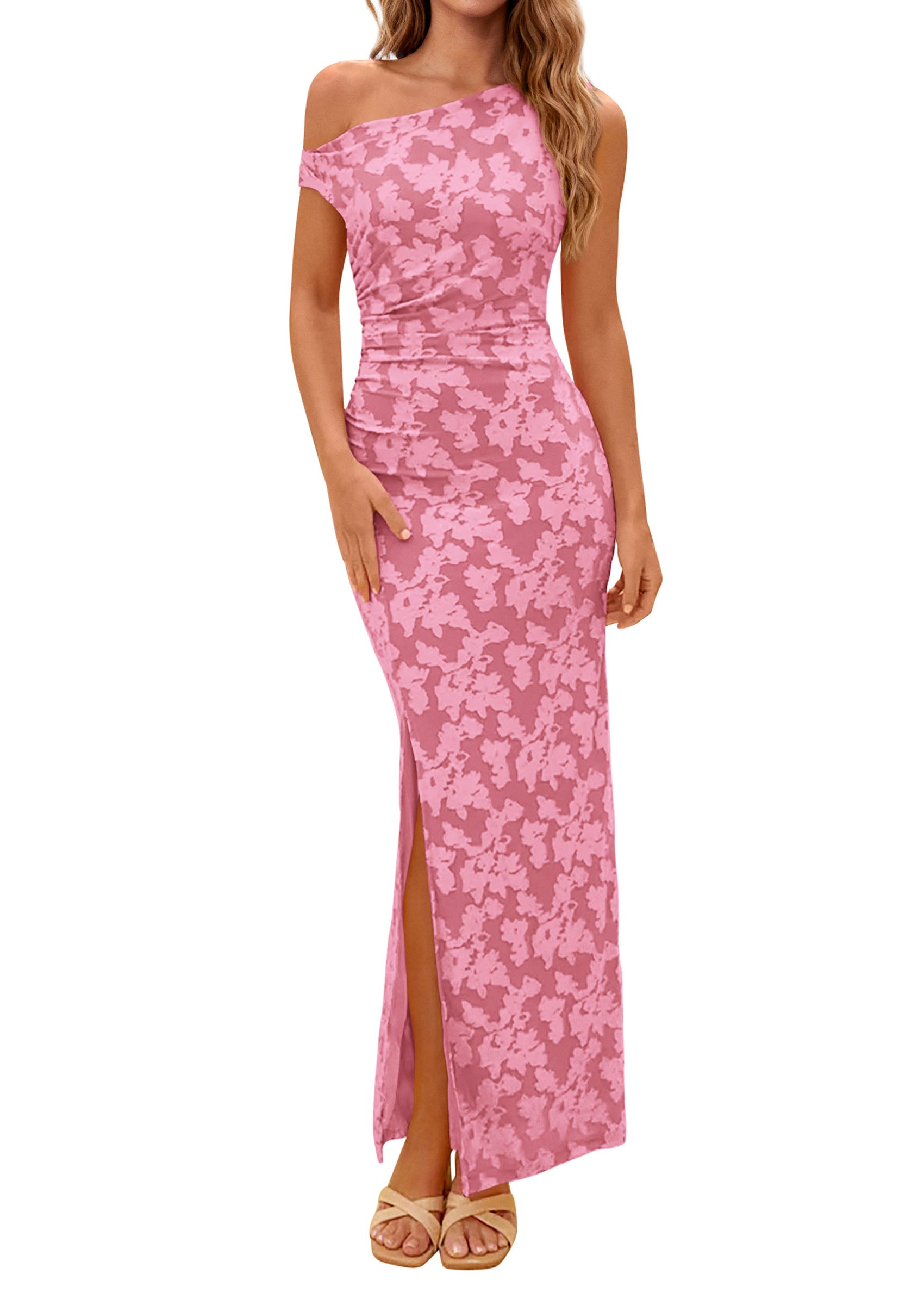 PRETTYGARDEN Womens Floral One Shoulder Maxi Dress 2026 Summer Spring Bodycon Ruched Side Slit Elegant Cocktail Party Dresses PRETTYGARDEN