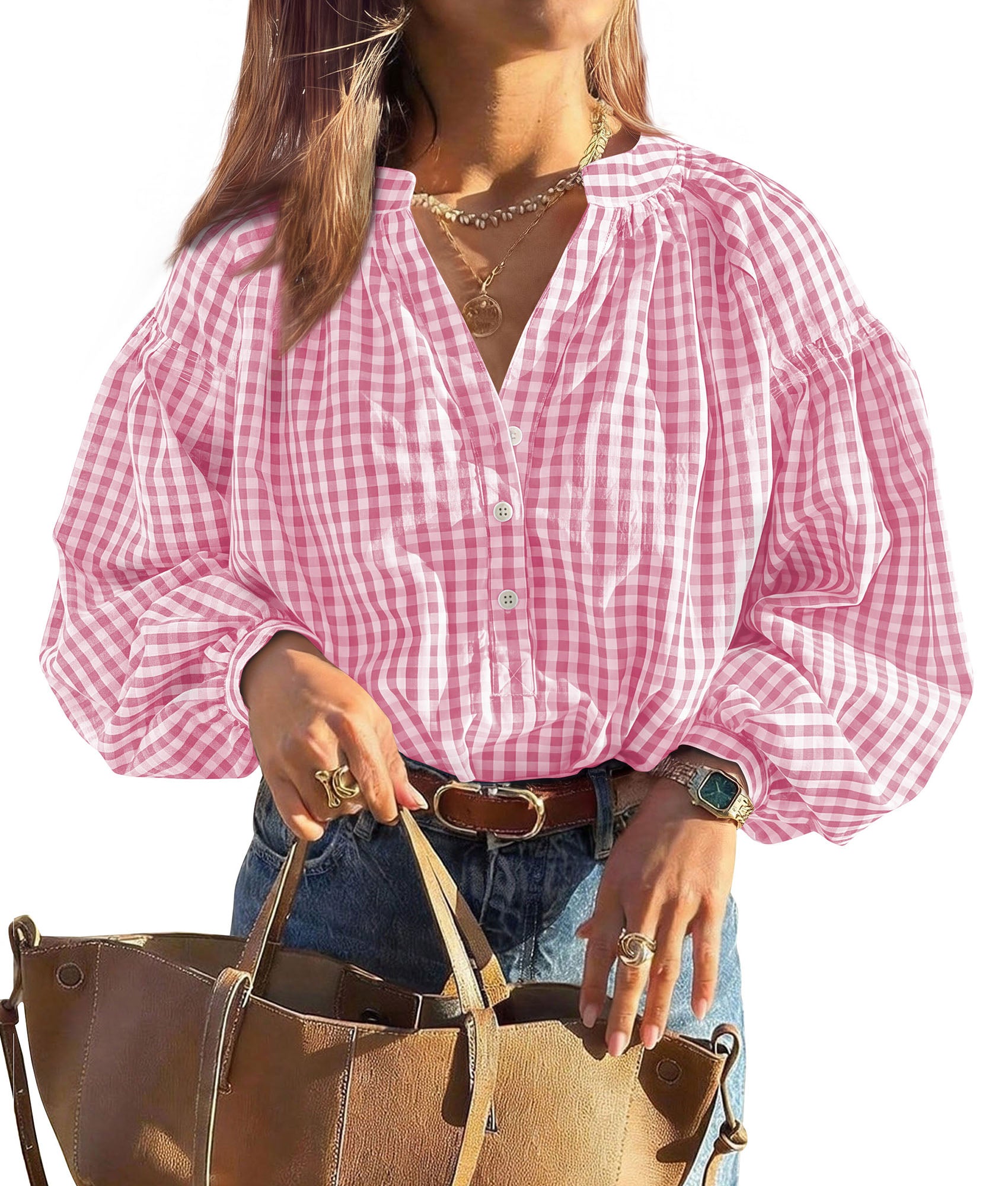 PRETTYGARDEN Women Fall Plaid Long Puff Sleeve Shirts V Neck Casual Blouses  Gingham Button Down Oversized, Pleated Drop Shoulder Cotton Tops, Dressy Casual, Work Vacation Travel, Fall Outfits Trendy