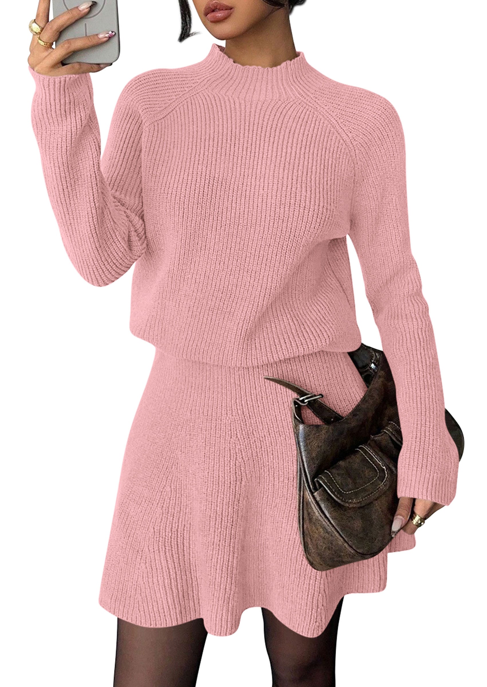 PRETTYGARDEN Women's Fall 2 Piece Outfits Matching Sweater Skirt Sets  Cozy Ribbed Knit, Raglan Long Sleeve, Crewneck Pullover, Elastic Waist A Line, Mini Short Skirts, Holiday Winter Clothing