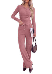 PRETTYGARDEN Two Piece Lounge Sets for Women Fall Fashion | Soft Stretchy Rib Knit,Long Sleeve Henley Tops,High Waisted Wide Leg Pants,Matching Holiday Vacation,Airport Travel Outfits