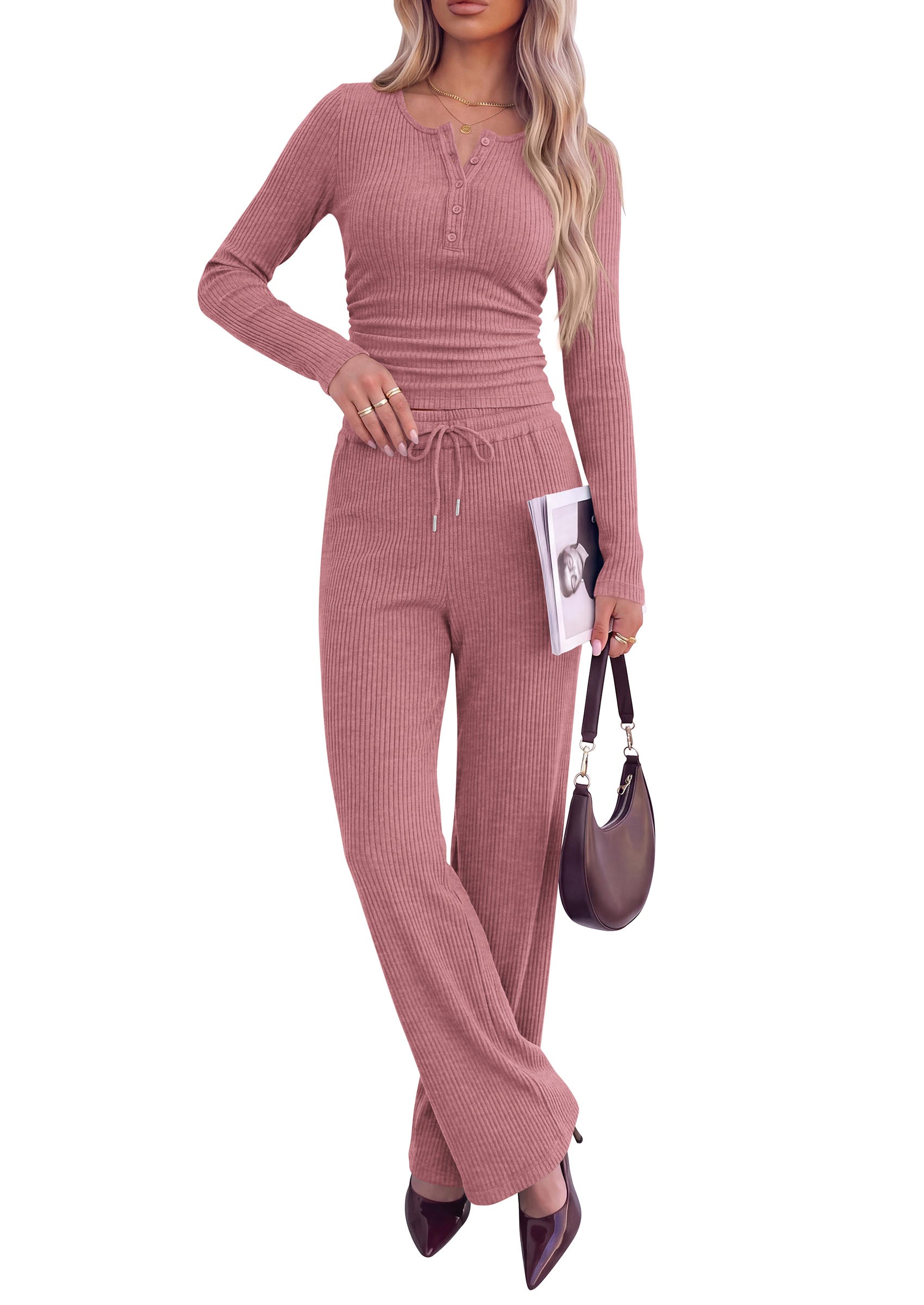 PRETTYGARDEN Two Piece Lounge Sets for Women Fall Fashion | Soft Stretchy Rib Knit,Long Sleeve Henley Tops,High Waisted Wide Leg Pants,Matching Holiday Vacation,Airport Travel Outfits