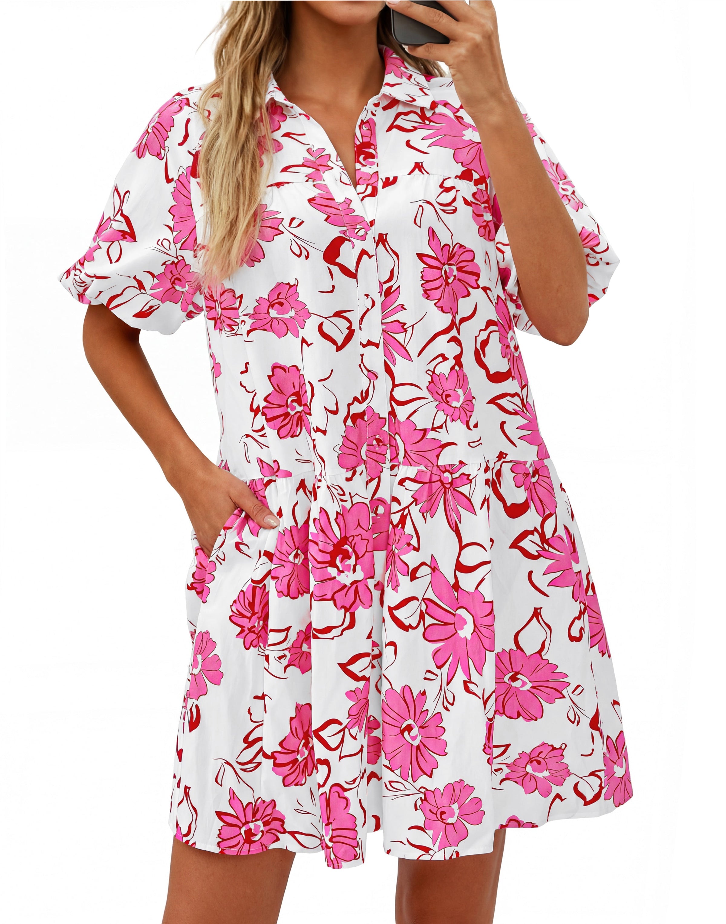 PRETTYGARDEN Womens Summer Dresses 2026 Casual Puff Sleeve Button Down Mini Shirt Dress Boho Floral Babydoll Sun Dress PRETTYGARDEN