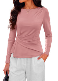 PRETTYGARDEN Womens Ruched Tops Casual Long Sleeve Shirt  Soft Stretchy Knit, Round Neck Slim Fitted Shape, Pleated Asymmetrical Hem, Office Work Daily Wear, Trendy Fall Outfits