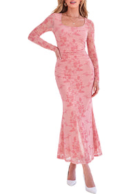 PRETTYGARDEN Women's Long Sleeve Floral Maxi Bodycon Dress  Cocktail Dresses for Wedding Guest, Square Neck, Stretchy Mesh, Elegant Classy, Formal Holiday Party, Fall Date Night Outfits