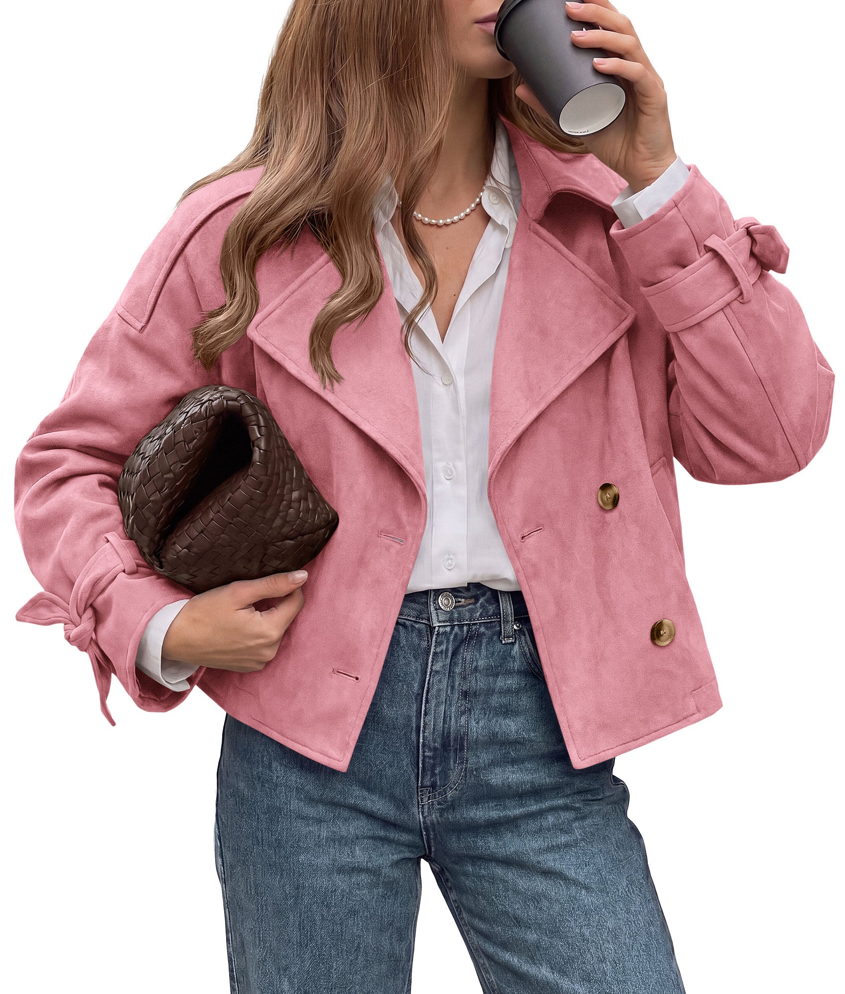PRETTYGARDEN Women Faux Suede Double Breasted Trench Coat Cropped Jackets  Raglan Long Sleeve,Lapel,Tie Cuff,Button Down,Fall Fashion Outerwear,Winter Clothes,Work Office Casual Short Jacket