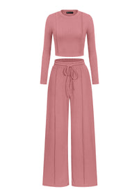 PRETTYGARDEN Womens 2 Piece Sets Long Sleeve Outfits  Soft Ribbed Knit, Loose Wide Leg Fit, Crop Top Drawstring High Waist Pants Set, Casual Lounge Travel, Matching Fall Clothes