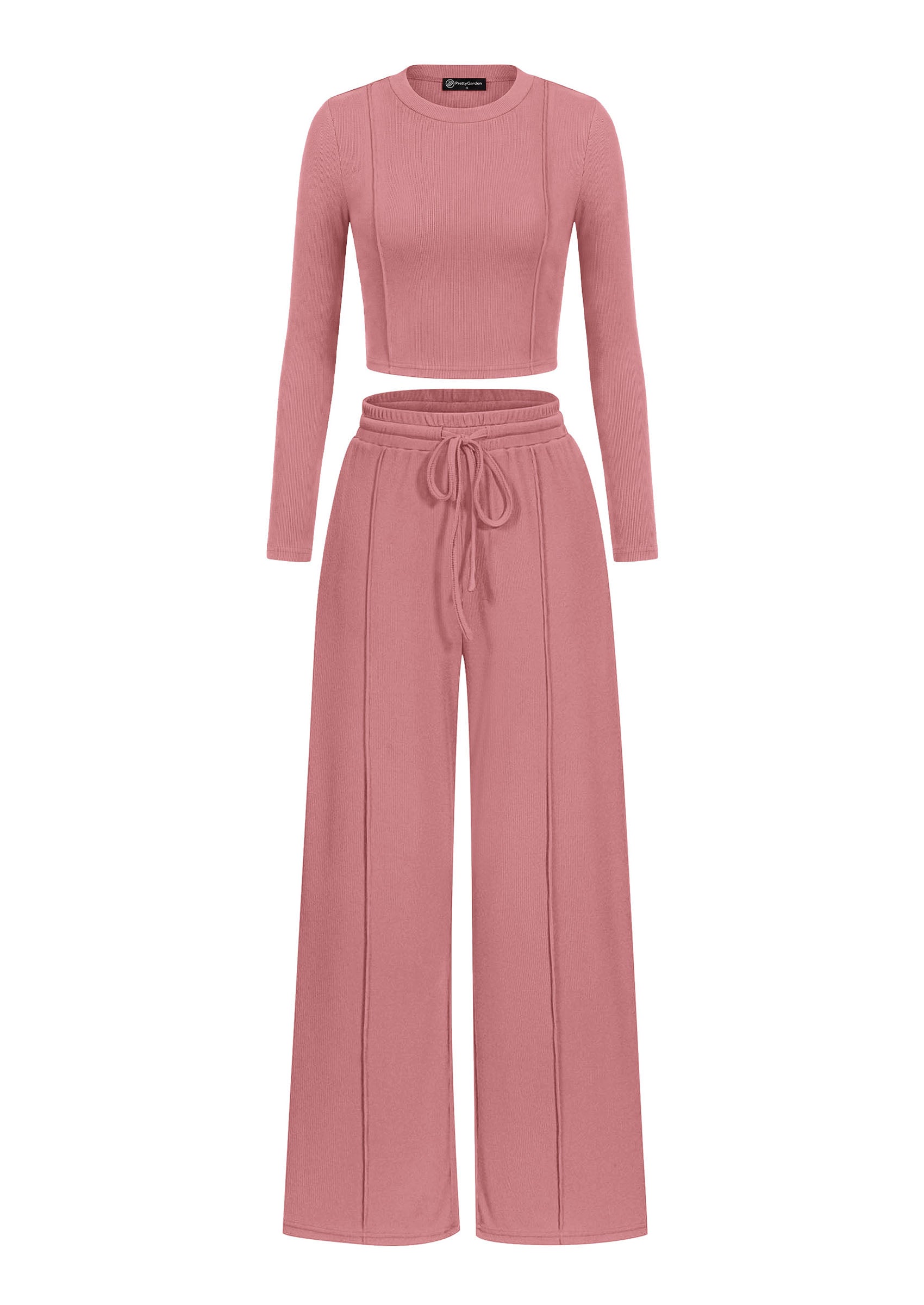 PRETTYGARDEN Womens 2 Piece Sets Long Sleeve Outfits  Soft Ribbed Knit, Loose Wide Leg Fit, Crop Top Drawstring High Waist Pants Set, Casual Lounge Travel, Matching Fall Clothes