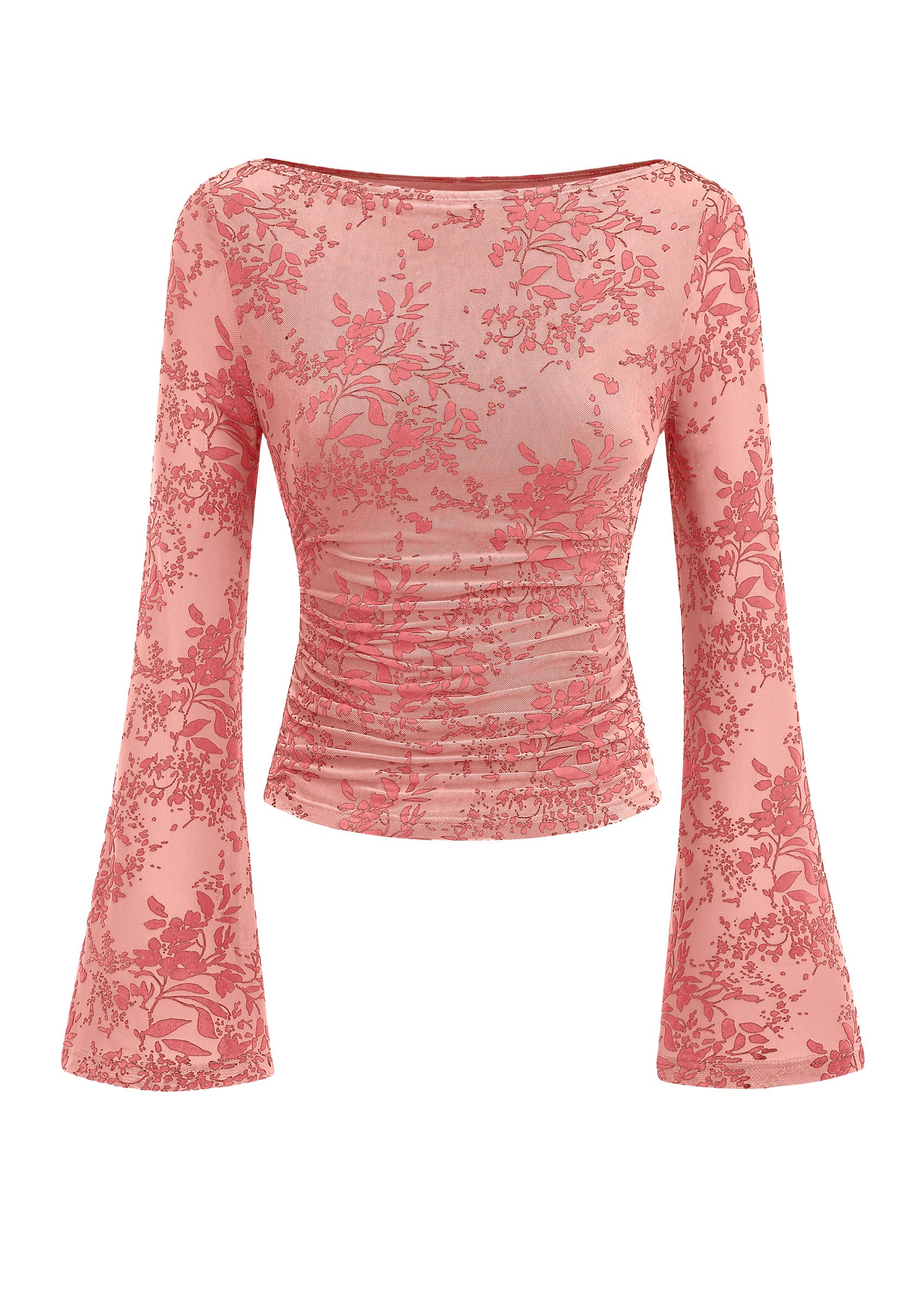 PRETTYGARDEN Women's Bell Sleeve Floral Mesh Crop Tops | Slim Fitted Shirts, Long Sleeve Going Out Top, Ruched Front, Boat Neck, Casual Blouses, Fall Date Night Outfits, Y2K Clothes