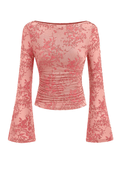 PRETTYGARDEN Women's Bell Sleeve Floral Mesh Crop Tops | Slim Fitted Shirts, Long Sleeve Going Out Top, Ruched Front, Boat Neck, Casual Blouses, Fall Date Night Outfits, Y2K Clothes