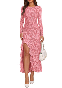 PRETTYGARDEN Women's Formal Maxi Floral Dresses with Slit  Long Sleeve Ruffle Hem, Elegant Outfit for Wedding Guest & Cocktail Party, Bodycon Crewneck Mesh Dresses, Fall Fashion 2026