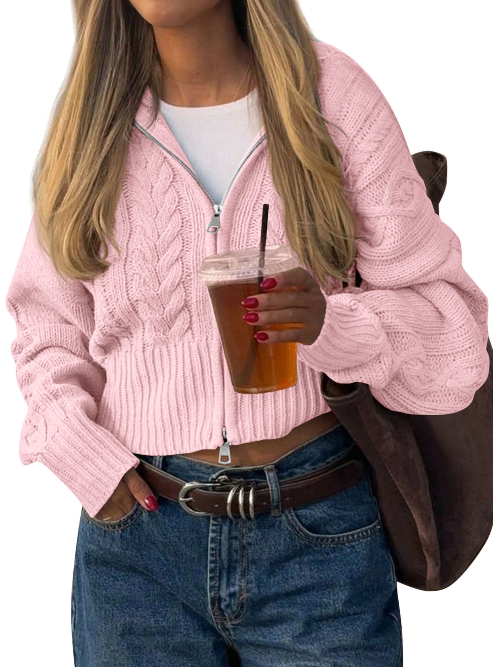 PRETTYGARDEN Women's Cable Knit Cropped Cardigan Sweaters | Oversized Sweater, Long Sleeve Zip Up Jacket, Collared Neck, Ribbed Hem, Cozy Soft Casual Wear, Fall Clothes Winter Outerwear