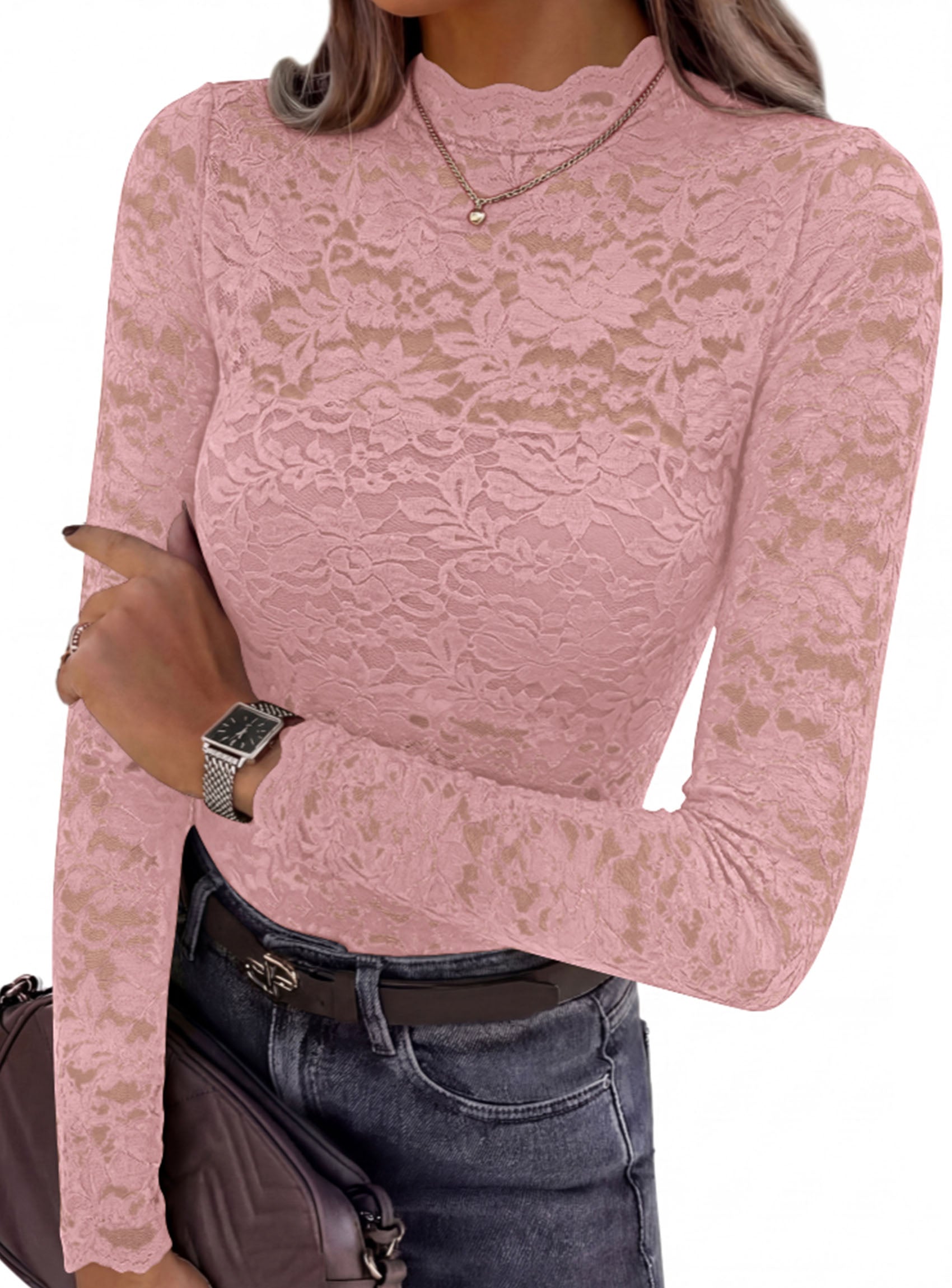 PRETTYGARDEN Womens Lace Long Sleeve Top Mesh Sheer Blouses Mock Neck See Through Slim Fitted Tops 2026 Fall Fashion Clothes
