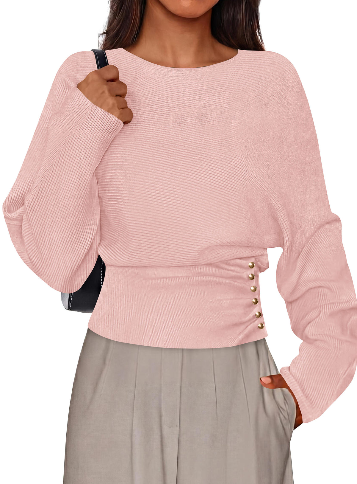 PRETTYGARDEN Batwing Sleeve Sweaters For Women Pullover Fall Clothes						 					  Cozy Ribbed Knit, Single Side Button,  Cinched Waist, Business Casual Work Outfits , 2026 Trendy Fall Winter Fashion Clothing
