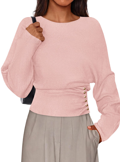 PRETTYGARDEN Batwing Sleeve Sweaters For Women Pullover Fall Clothes						 					  Cozy Ribbed Knit, Single Side Button,  Cinched Waist, Business Casual Work Outfits , 2026 Trendy Fall Winter Fashion Clothing