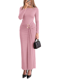 PRETTYGARDEN Women's Long Sleeve Ruched Bodycon Maxi Dress | Wedding Guest Dresses, Twist Knot Waist, Back Slit, Slim Fitted, Formal Wear, Cocktail Holiday Party, Date Night Fall Outfits
