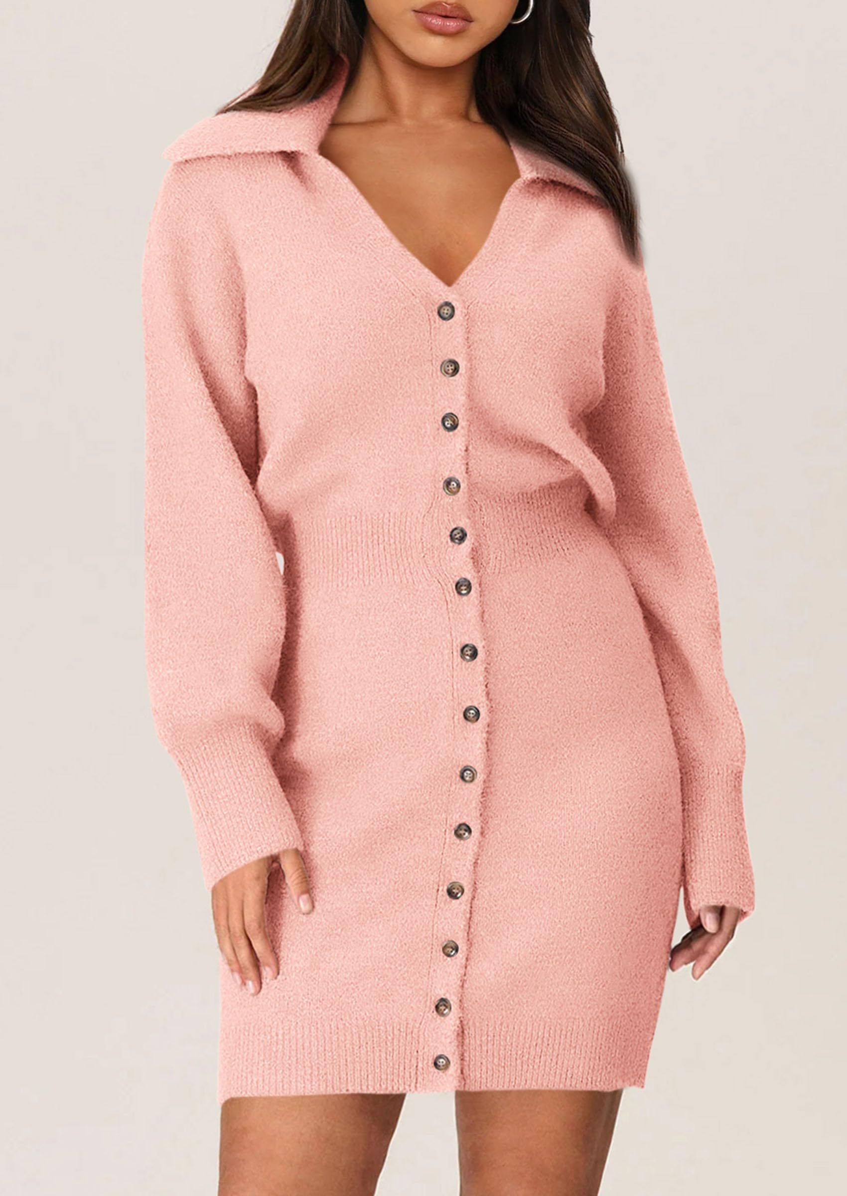 PRETTYGARDEN Sweater Dresses for Women Trendy Long Sleeve Button Down Short Spring Dress