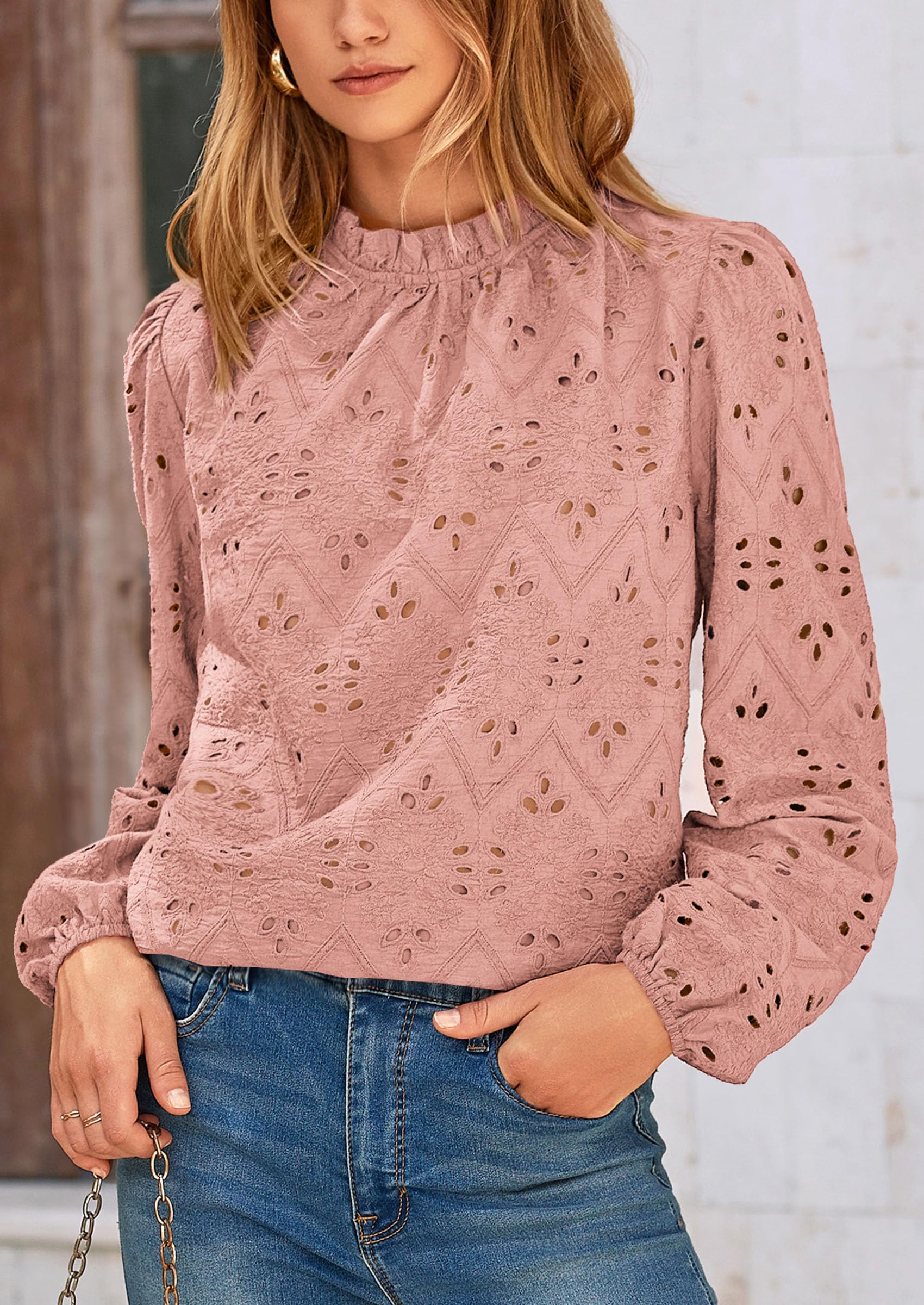 PRETTYGARDEN Womens Tops Dressy Casual Spring Long Sleeve Shirts Embroidered Eyelet Blouses Going Out Outfits