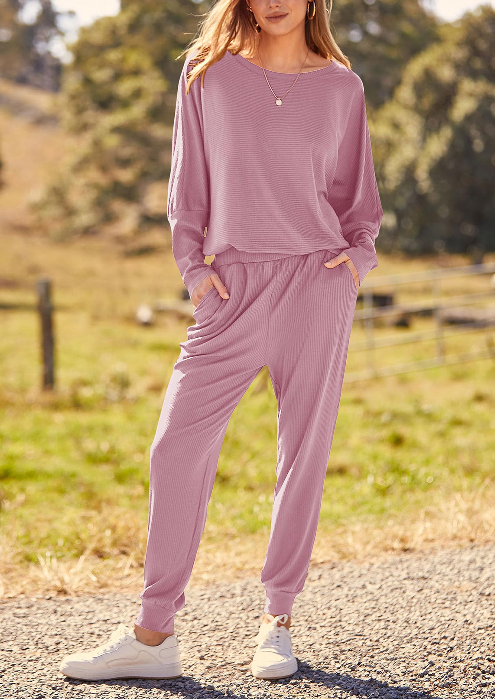 PRETTYGARDEN Women's Fall 2 Piece Lounge Set Long Sleeve Tops Ribbed Pants Spring Matching Sweatsuit Travel Outfits Clothes