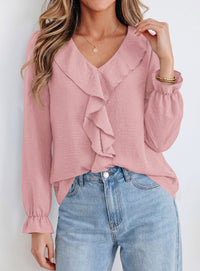 PRETTYGARDEN Women Early Fall Fashion Dressy Casual Blouses  | Comfy Lightweight,Lantern Long Sleeve Shirts,Cute Ruffle V Neck,Going Out Tops,Business Work Outfits,Trendy Daily Clothes