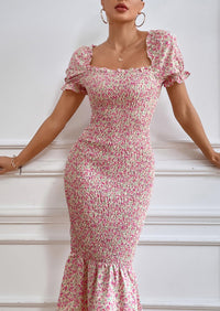 PRETTYGARDEN Bodycon Midi Dresses Summer Floral Puff Sleeve Mermaid Cocktail Baby Shower Photoshoot Maternity Dress