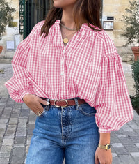 PRETTYGARDEN Women Fall Plaid Long Puff Sleeve Shirts V Neck Casual Blouses  Gingham Button Down Oversized, Pleated Drop Shoulder Cotton Tops, Dressy Casual, Work Vacation Travel, Fall Outfits Trendy